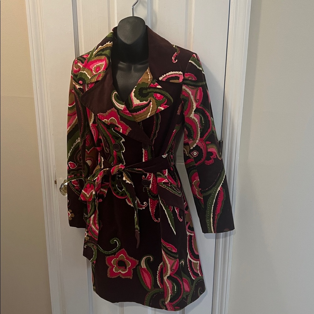 Trina Turk Corduroy Paisley Belted Coat Whimsygoth Brown/Pink Multi RARE, Size 6